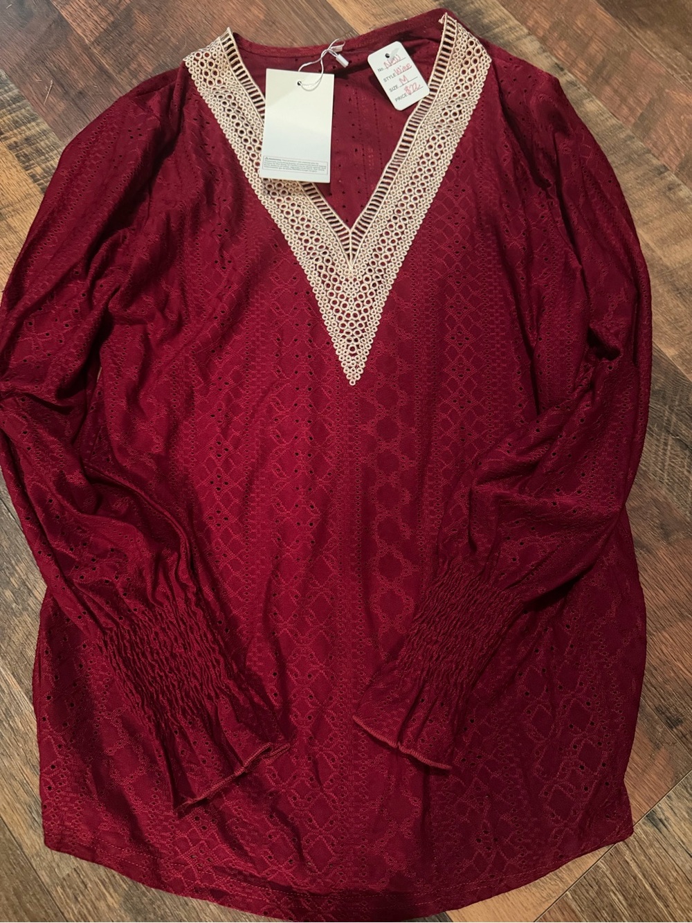 Women’s Burgundy Eyelet Tunic with Cream Crochet V-Neck